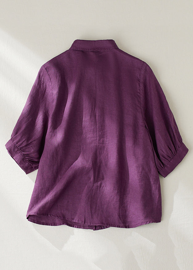 Purple Peter Pan Collar Button Linen Blouse Summer