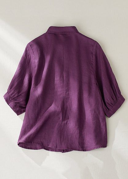 Purple Peter Pan Collar Button Linen Blouse Summer