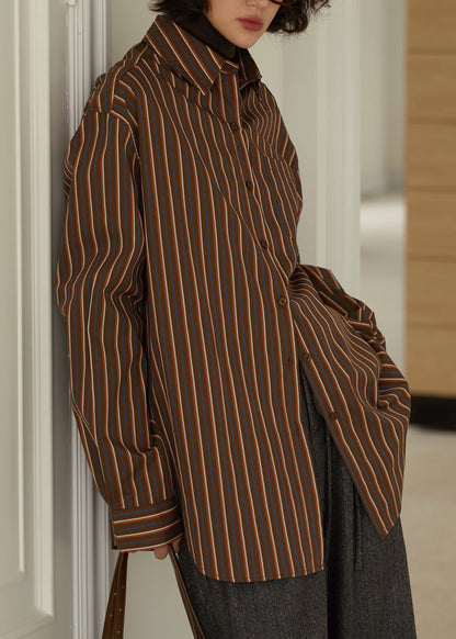 Coffee Peter Pan Collar Striped Cotton Shirt Top Fall