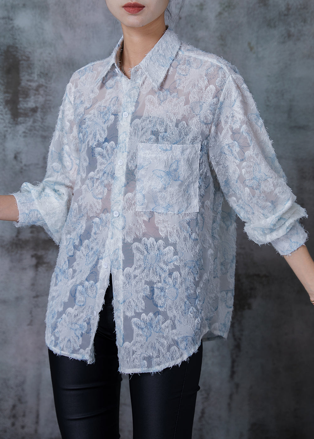 Blue Loose Chiffon Upf 50+ Top Spring