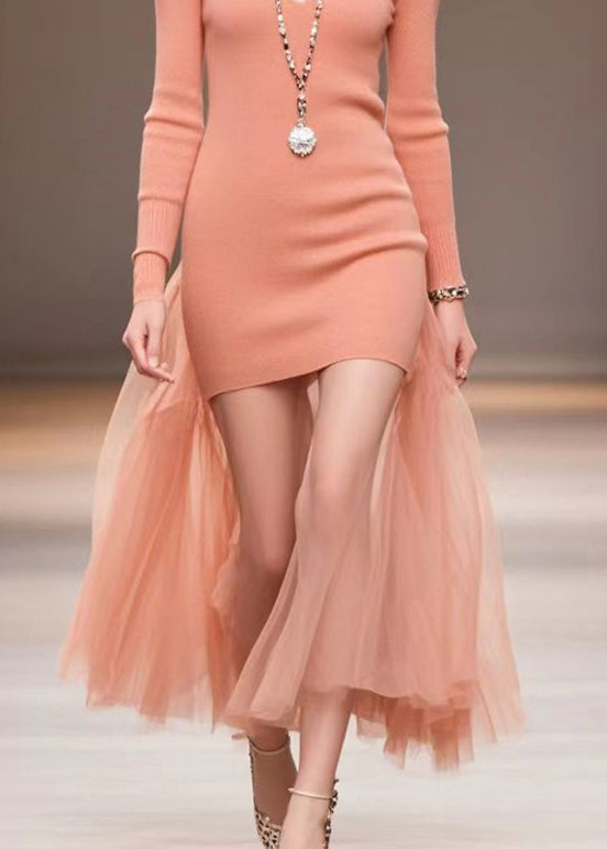 Brick Red V Neck Patchwork Tulle Knitted Dress Fall