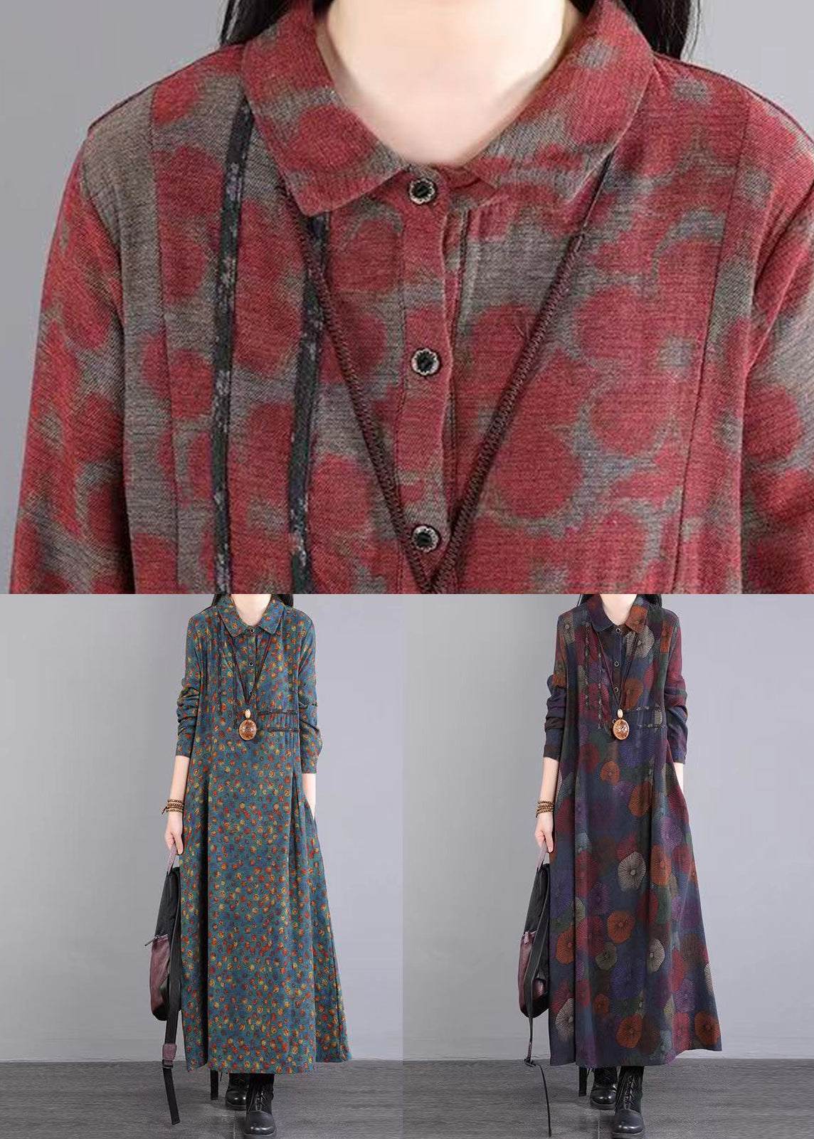 Red Peter Pan Collar Print Patchwork Cotton Long Dress Fall