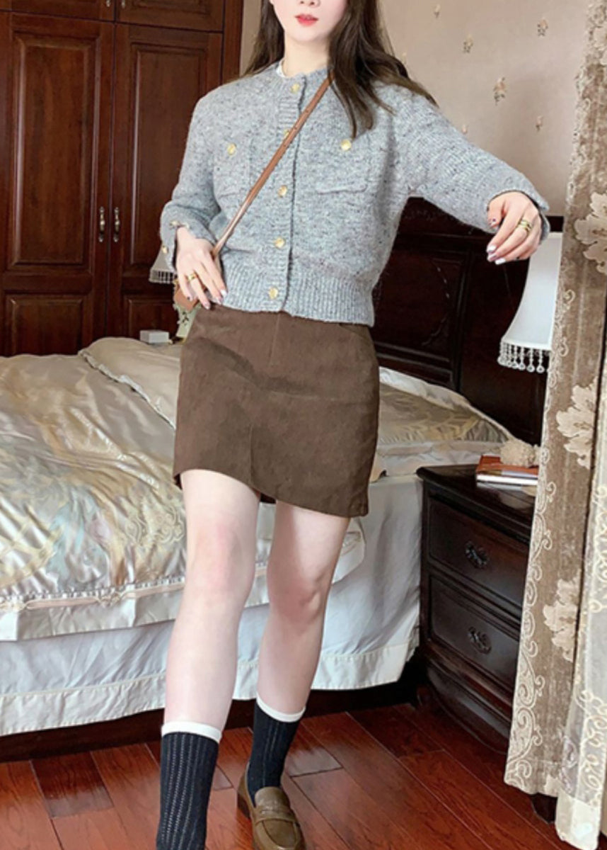 Grey O Neck Button Knit Short Sweater Cardigan Fall