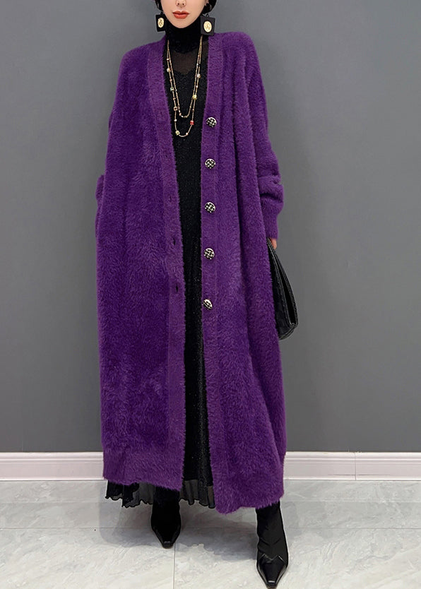 Purple V Neck Patchwork Mink Hair Knitted Cardigan Fall