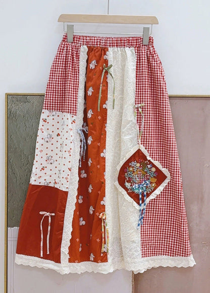 Red Plaid Elastic Waist Patchwork Cotton Skirts Spring