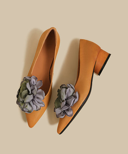 New Brown Flower Cowhide Leather Chunky Heel Shoes