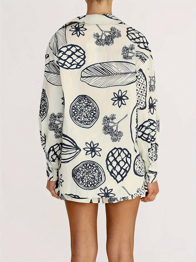 Fruit Print Summer Loose Shirt Shorts Set