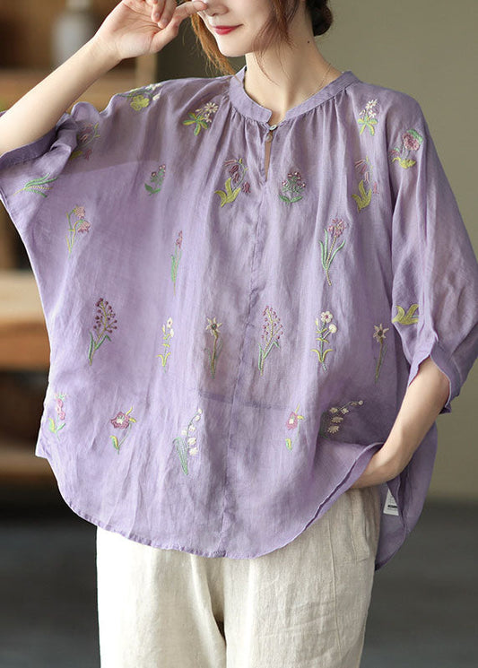 Purple Embroidered Loose Fall Three Quarter Sleeve Top