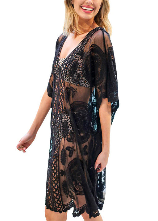 White V Neck Embroidered Hollow Out Lace Dresses Summer
