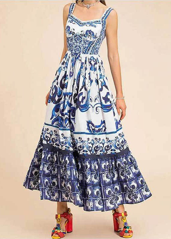 Rose Print High Waist Cotton Spaghetti Strap Dress Sleeveless