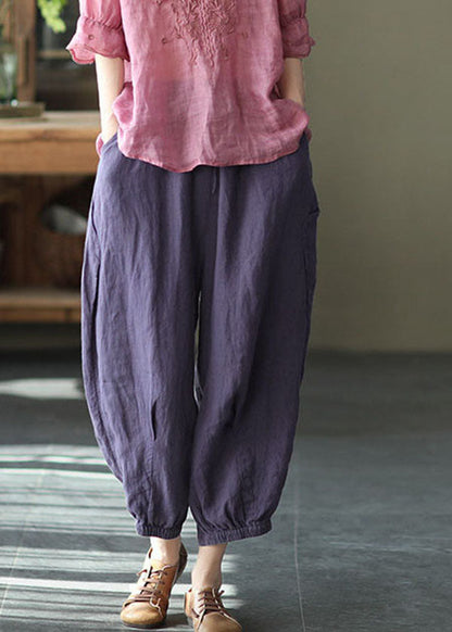 Purple Linen Beam Pants Elastic Waist Wrinkled Summer