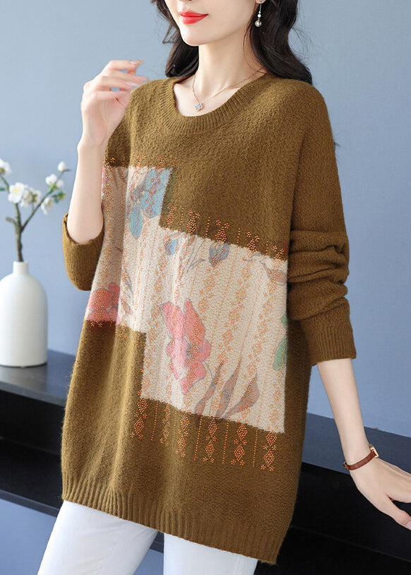 Grey O Neck Print Zircon Woolen Knit Sweaters Spring