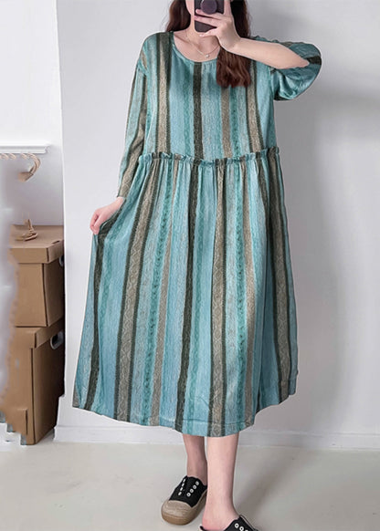 Green O-neck Ruffled Wrinkled Silk Cotto Maxi Dress Spring