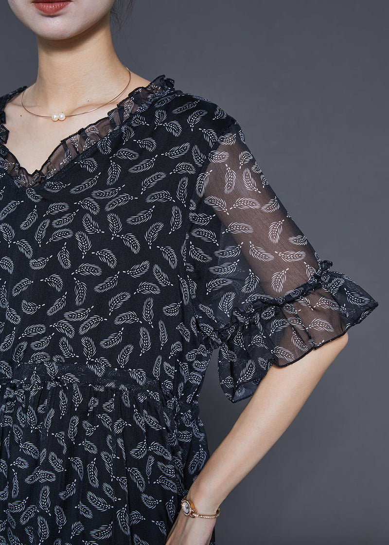 Black Cinched Print Chiffon Long Dresses Summer