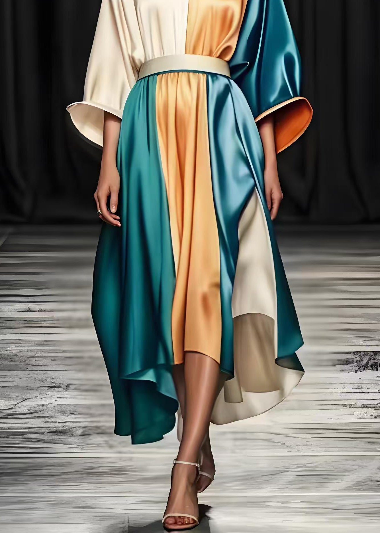 Colorblock Cinched Patchwork Silk Long Dresses Spring