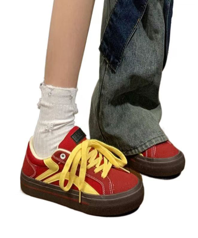Red Canvas Flat Feet Shoes Splicing Lace Up