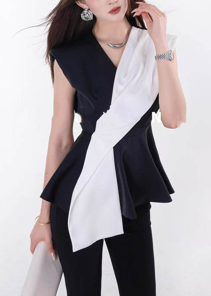 French Colorblock Asymmetrical Patchwork Spandex Vest Top Sleeveless