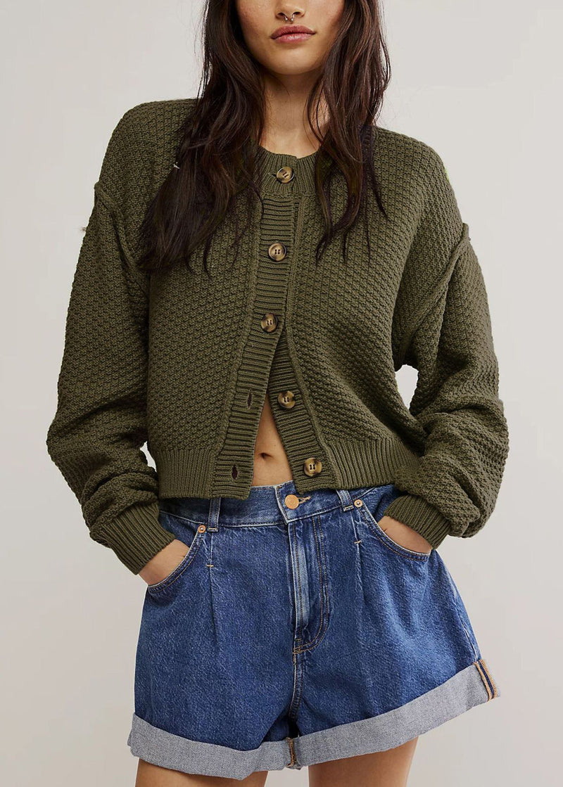 Style Grey O Neck Button Knit Loose Cardigans Fall