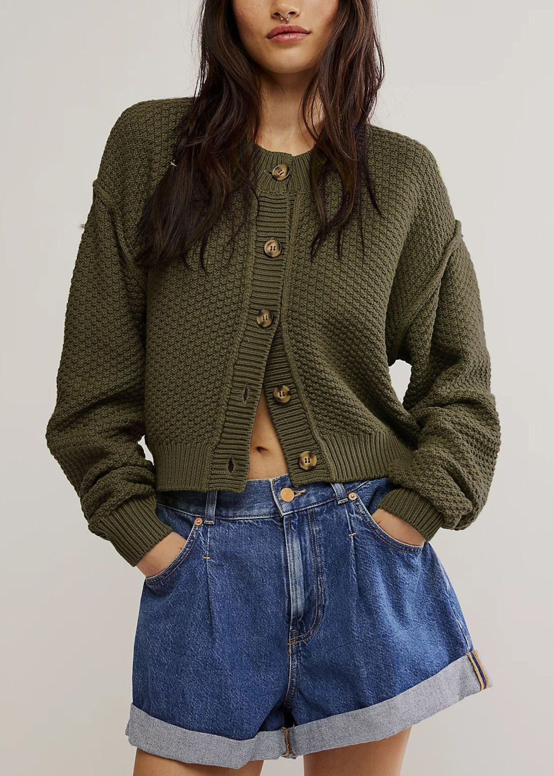 Style Grey O Neck Button Knit Loose Cardigans Fall