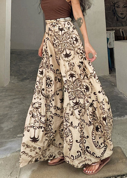 Apricot Print Pockets Cotton Wide Leg Pants Summer