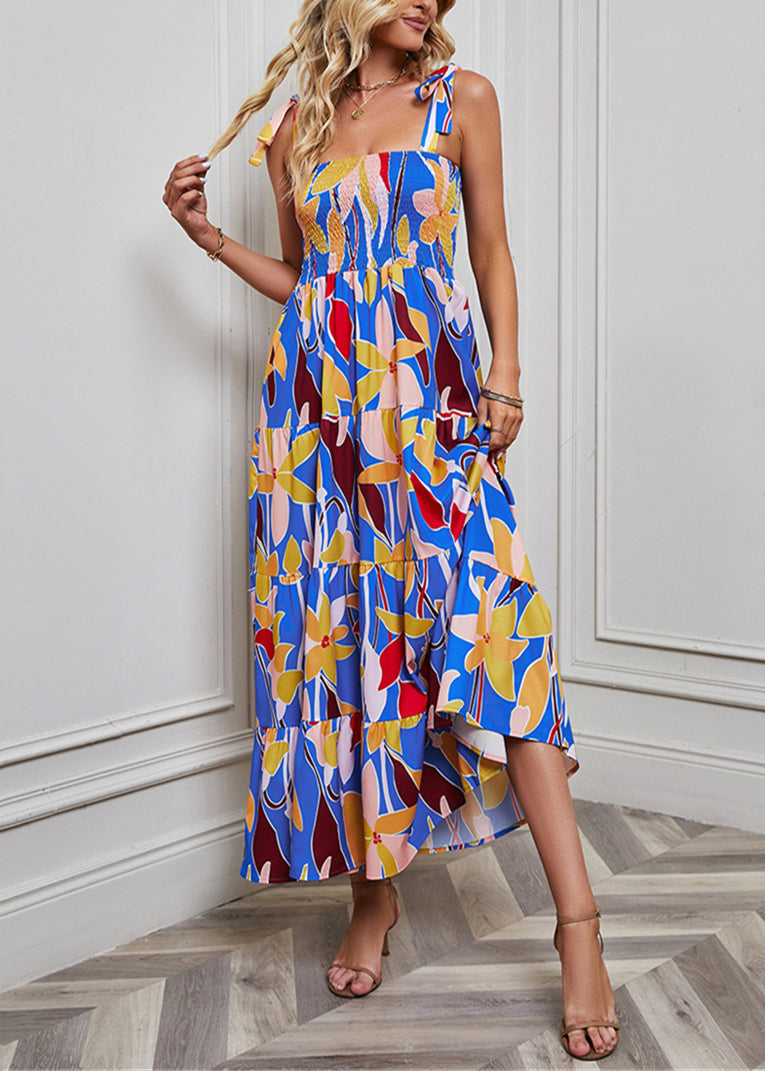 Blue Print High Waist Cotton Dresses Summer
