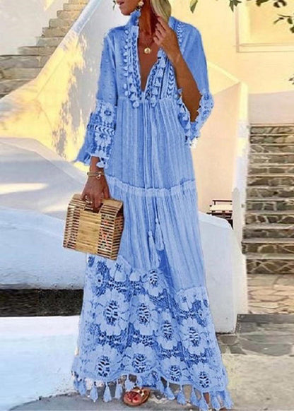 White Lace Tassel Patchwork Vacation Long Dress Summer