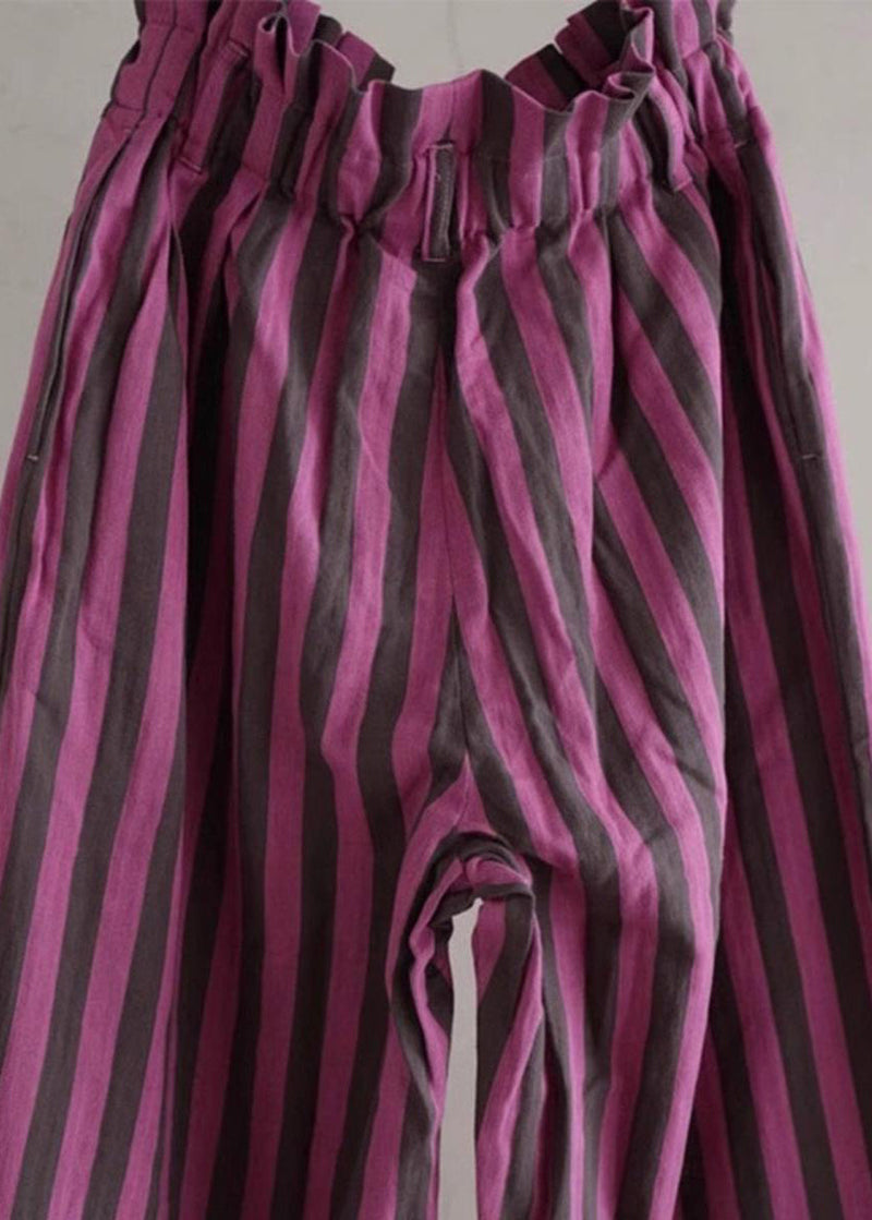Purple Striped Elastic Waist Cotton Wide Leg Pants Summer
