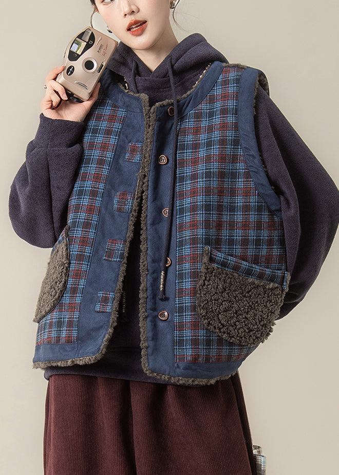 Blue Plaid O-neck Pockets Warm Faux Fur Waistcoat Winter