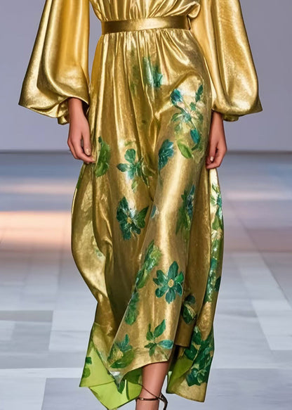 Golden Cinched Print Silk Party Dress Lantern Sleeve