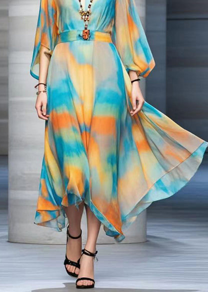 Cinched Tie Dye Chiffon Maxi Dresses Fall