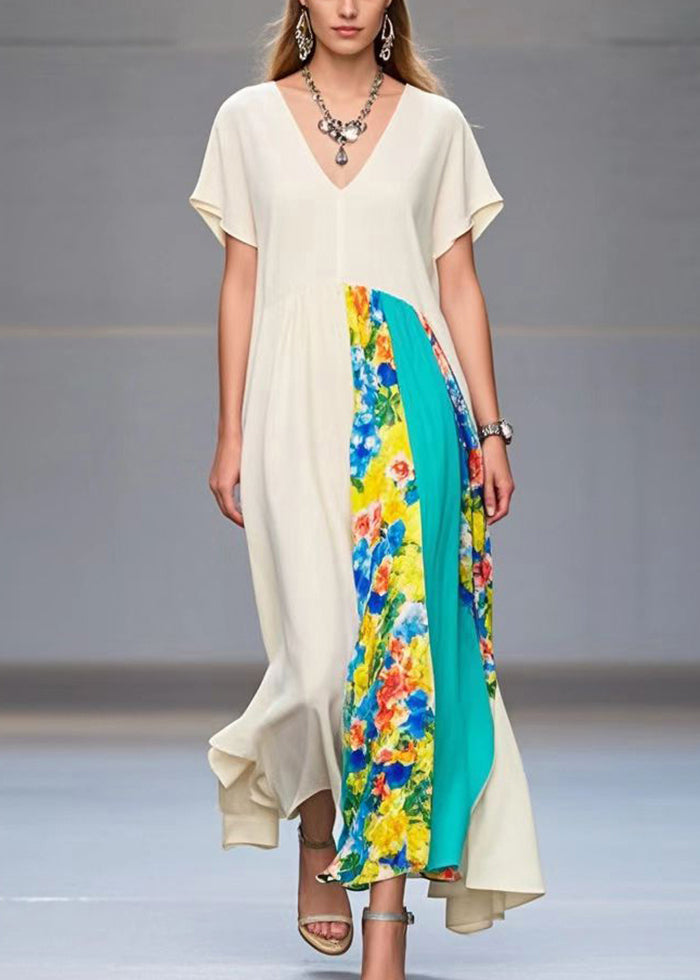 White Asymmetrical Patchwork Chiffon Maxi Dresses Summer