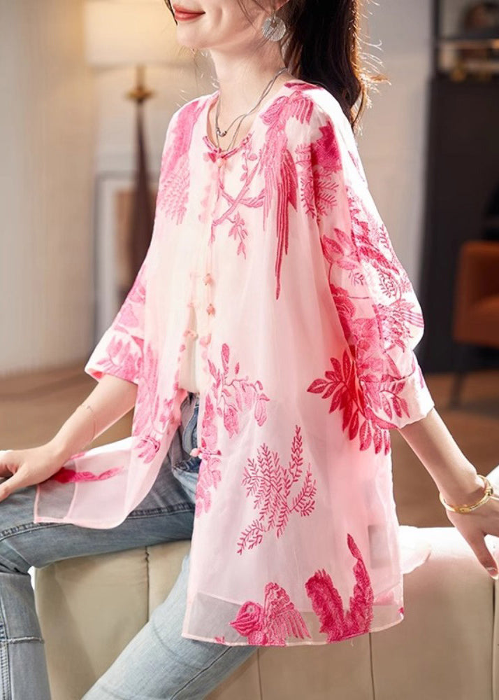 French Pink O-neck Print Silk Shirt Bracelet Sleeve