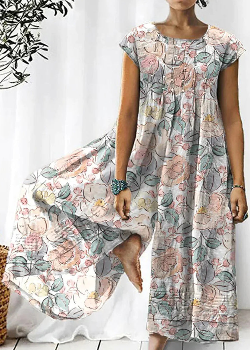 Khaki O Neck Print Cotton Jumpsuits Summer