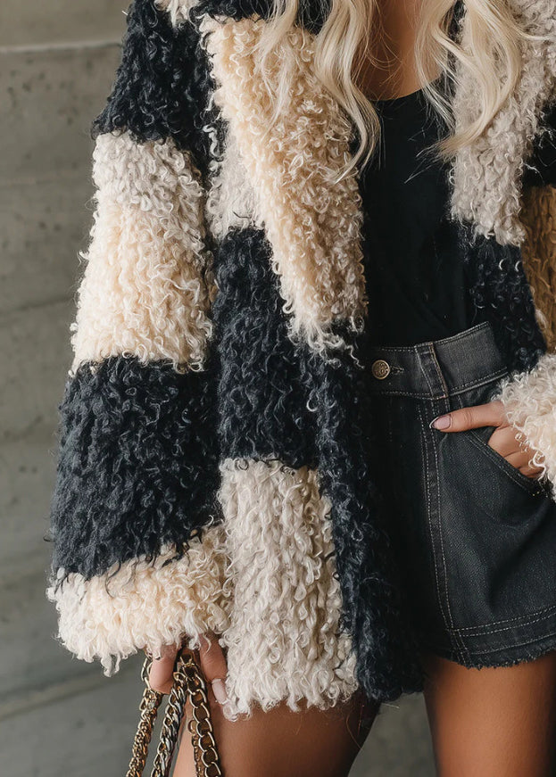 Colorblock Peter Pan Collar Faux Fur Coat Outwear Winter