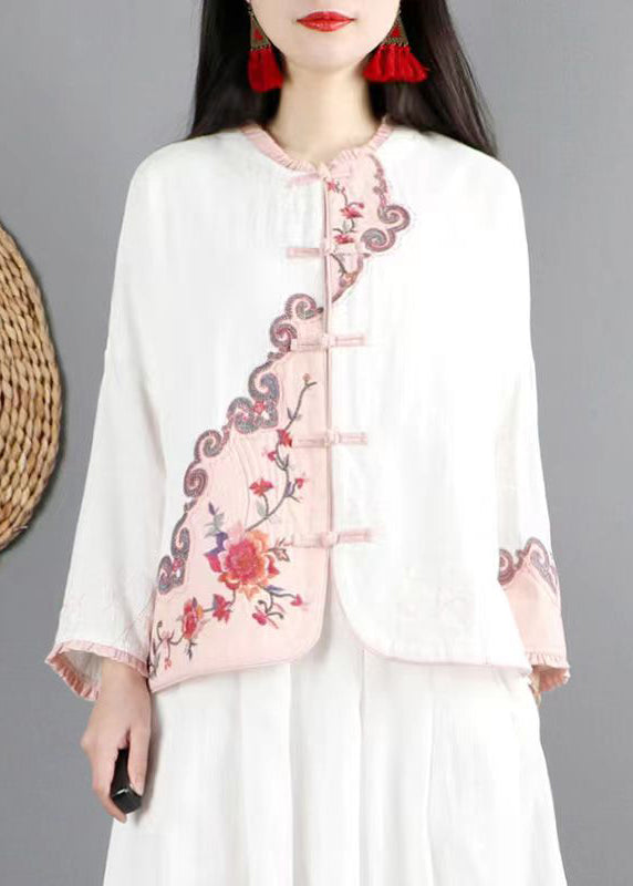 Green Ruffled Embroideried Chinese Button Cotton Coats Spring