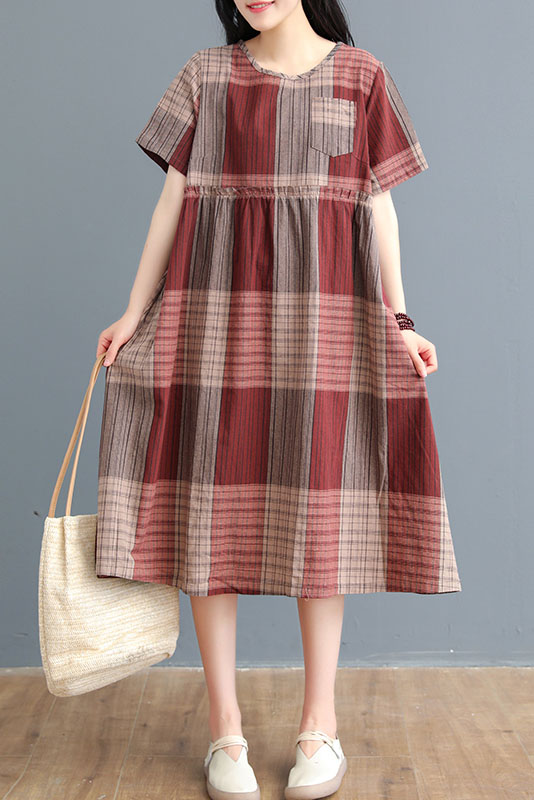 Summer Striped Plaid Dress Cotton Linen Dress
