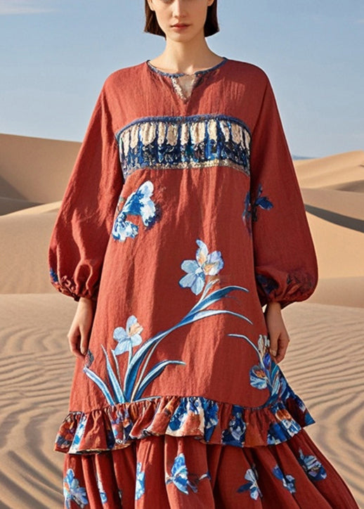 Red Ruffled Patchwork Print Cotton Holiday Dress Fall