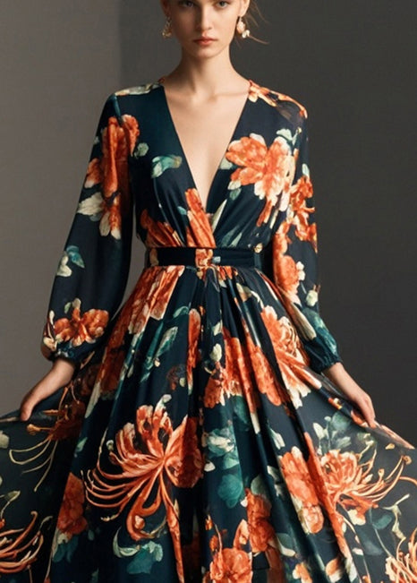 Black Cinched Print Chiffon Party Dress Fall