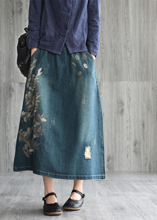Natural Dark Blue Pockets Embroidered Cotton Denim Skirts Spring