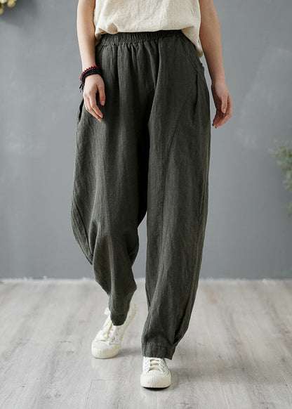 Yellow Pockets Elastic Waist Linen Pants Spring