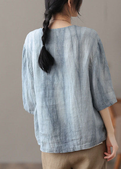 Blue O-neck Button Linen Shirt Top Bracelet Sleeve