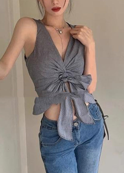 Grey V Neck Tie Waist Vest Summer