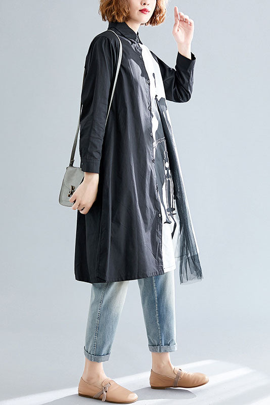 Spring Simple Black White Printed Shirt Dress