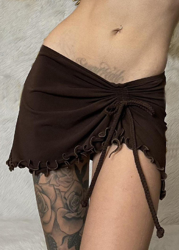 Brown Ruffled Lace Up Cotton Skirt Summer