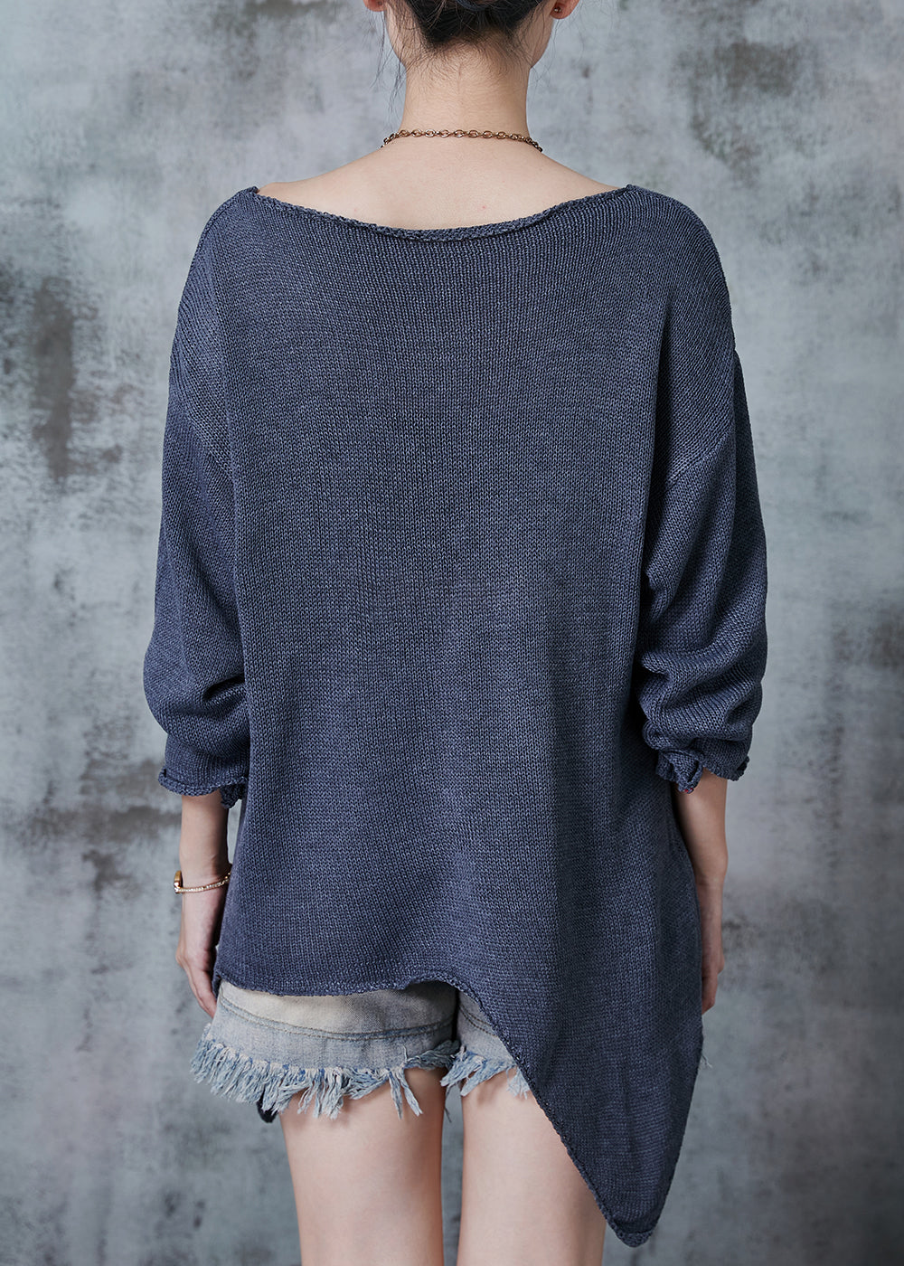 Grey V Neck Asymmetrical Design Knit Sweaters Fall