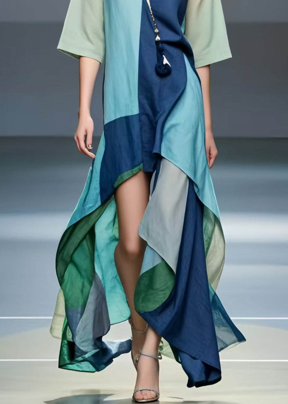 Fine Polychrome Asymmetrical Low High Design Cotton Dresses Summer