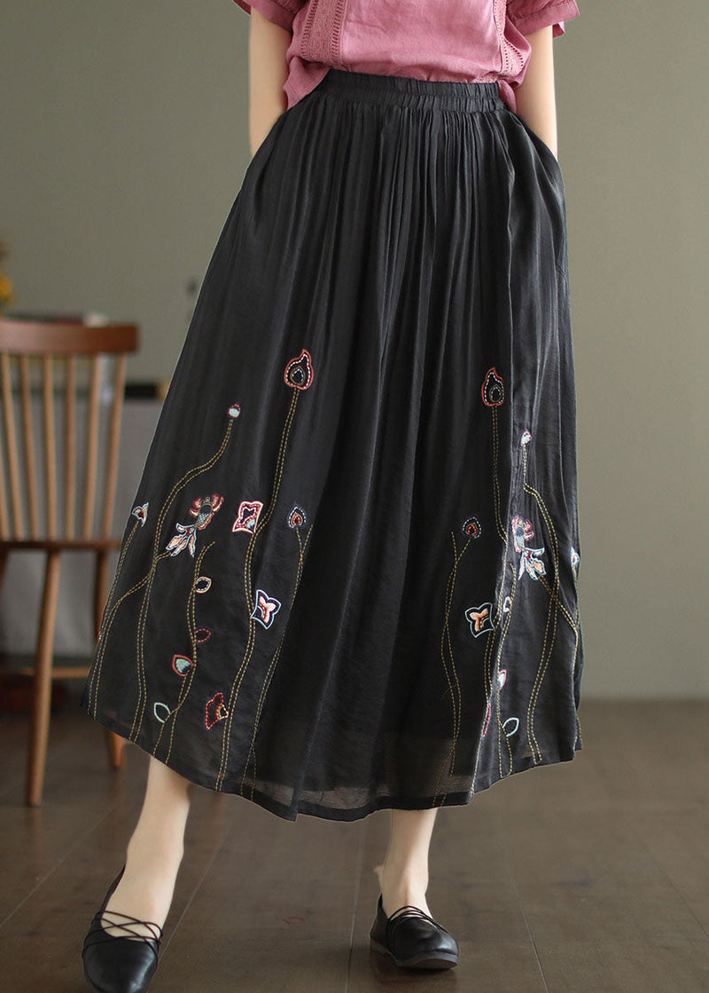 Black Elastic Waist Embroidered Linen Silk Skirt Spring
