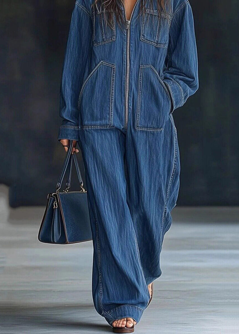 Handmade Blue Zippered Patchwork Denim Hooded Jumpsuit Spring