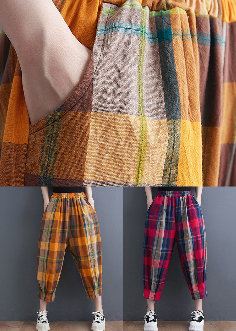 Red Plaid Elastic Waist Cotton Crop Pants Summer