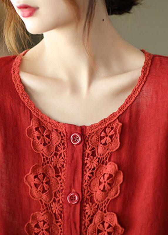 Modern Red Hollow Out Embroidered Pockets Fall Long Sleeve Shirt Tops